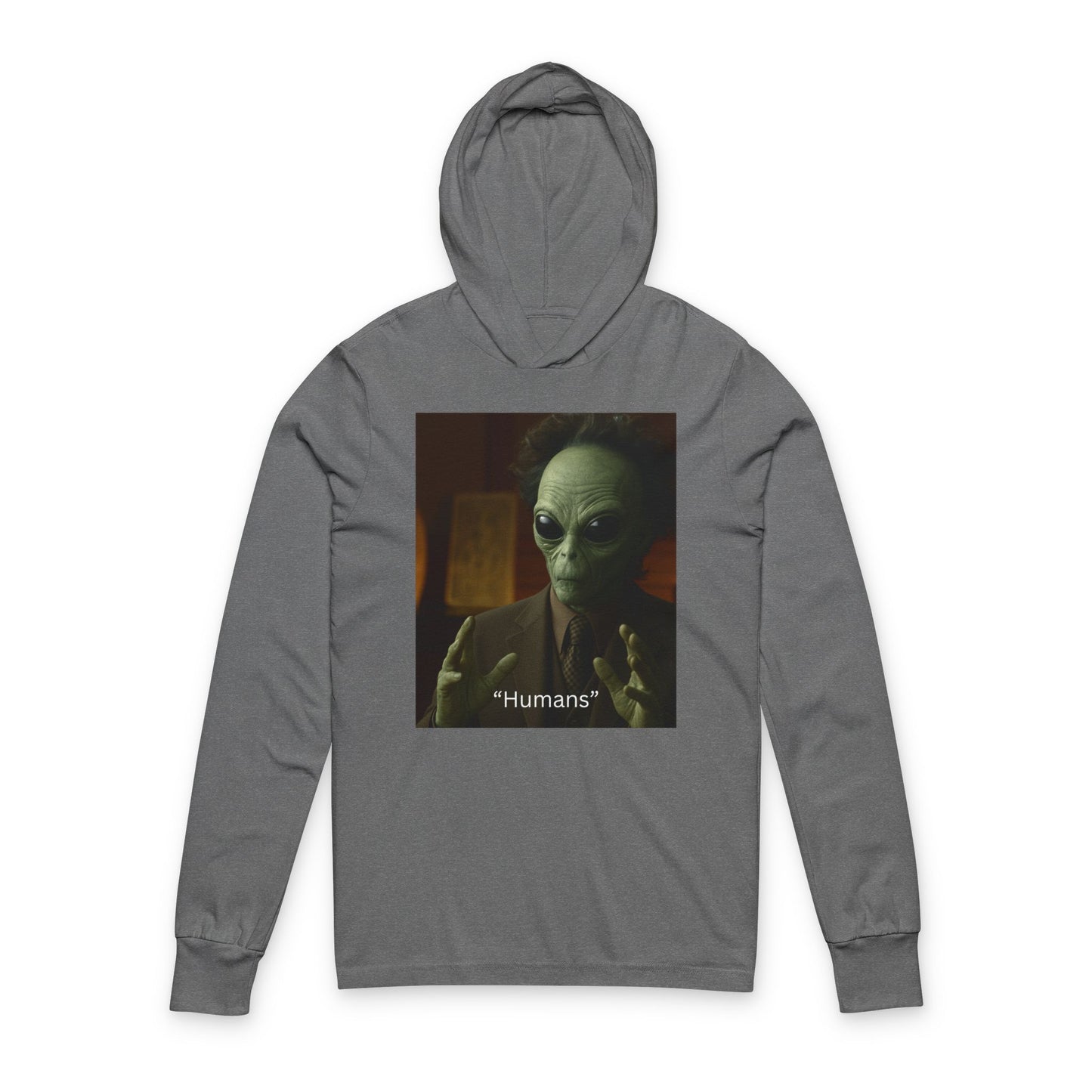 Alien Portrait Hooded Tee — "Humans" Graphic Long Sleeve