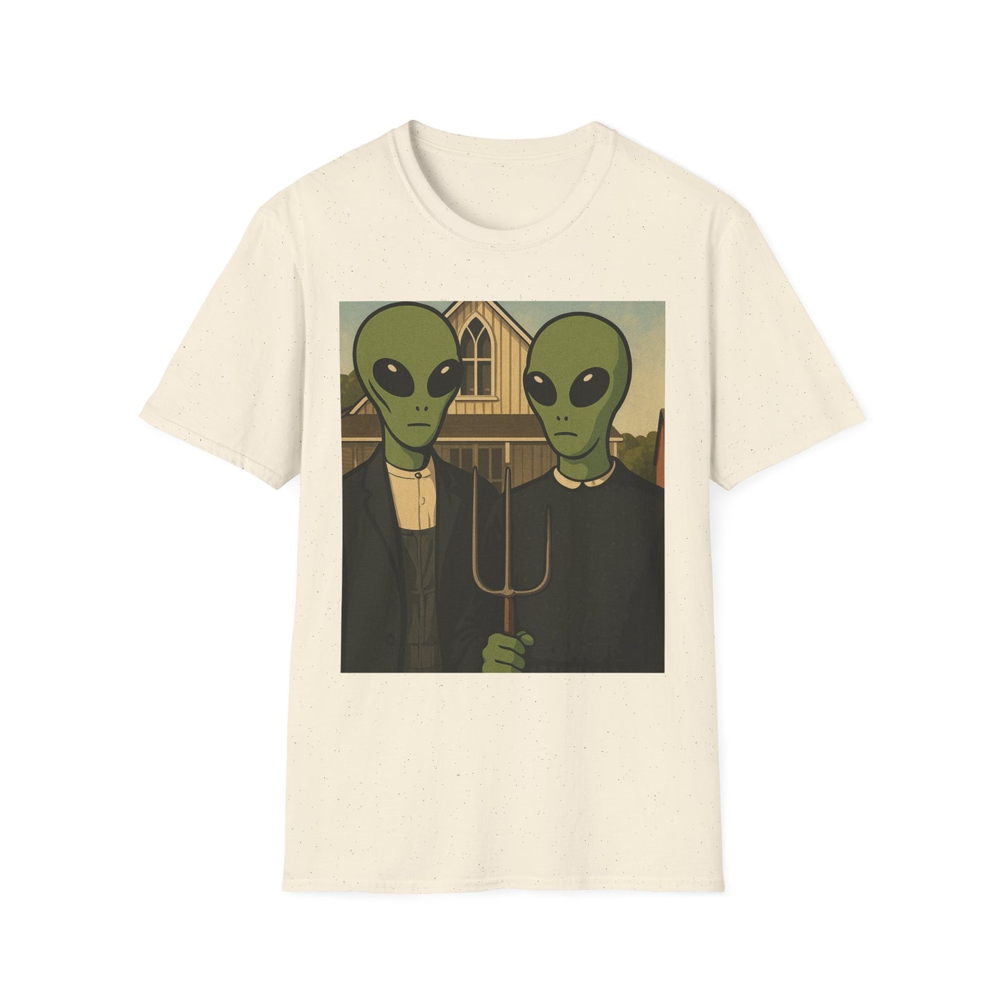Alien American Gothic T-Shirt — Funny Retro Sci‑Fi Art Tee