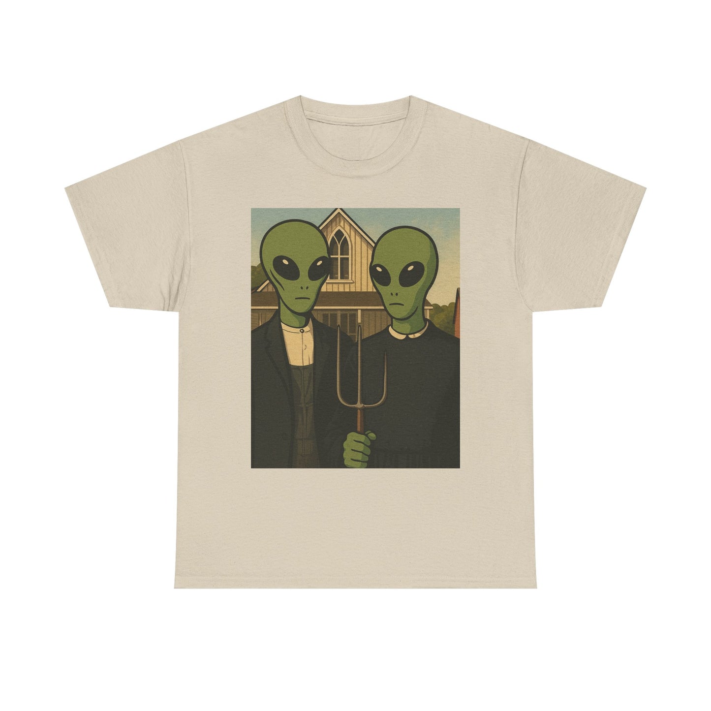 Alien American Gothic T-Shirt — Funny UFO Couple Graphic Tee