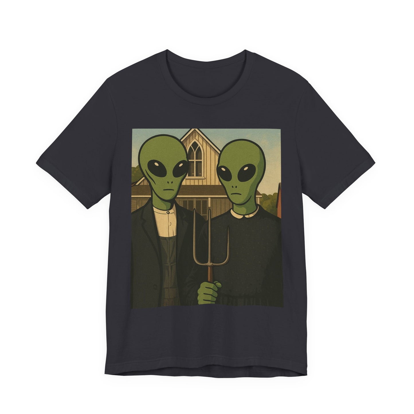 Alien Gothic Farmhouse T‑Shirt — Retro Green Alien American Gothic Tee