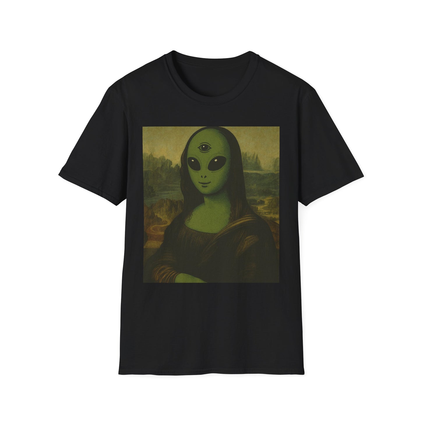 Alien Mona Lisa T-Shirt — Retro Green UFO Art Tee