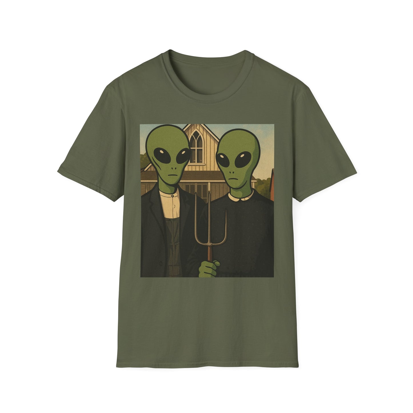 Alien American Gothic T-Shirt — Funny Retro Sci‑Fi Art Tee