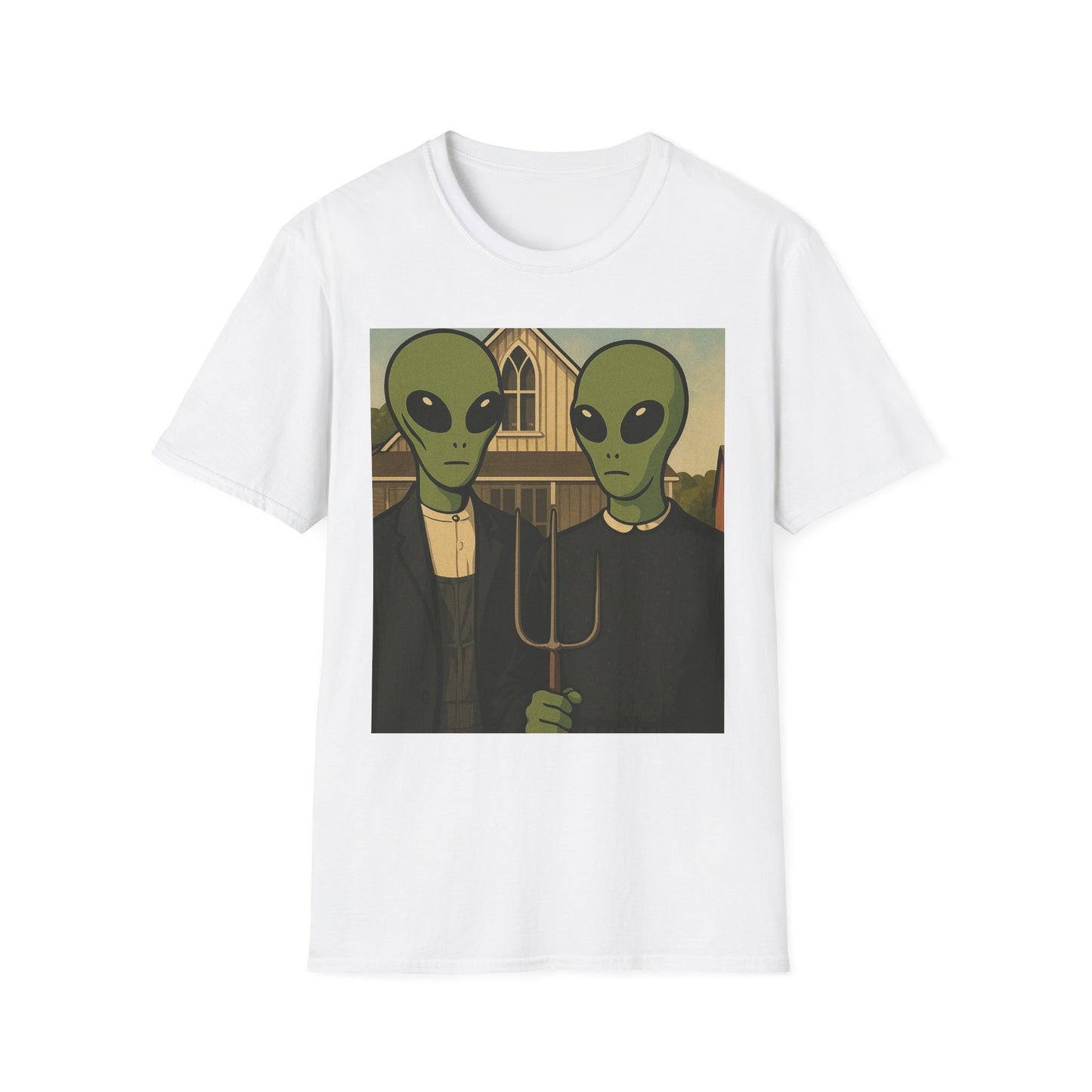 Alien American Gothic T-Shirt — Funny Retro Sci‑Fi Art Tee