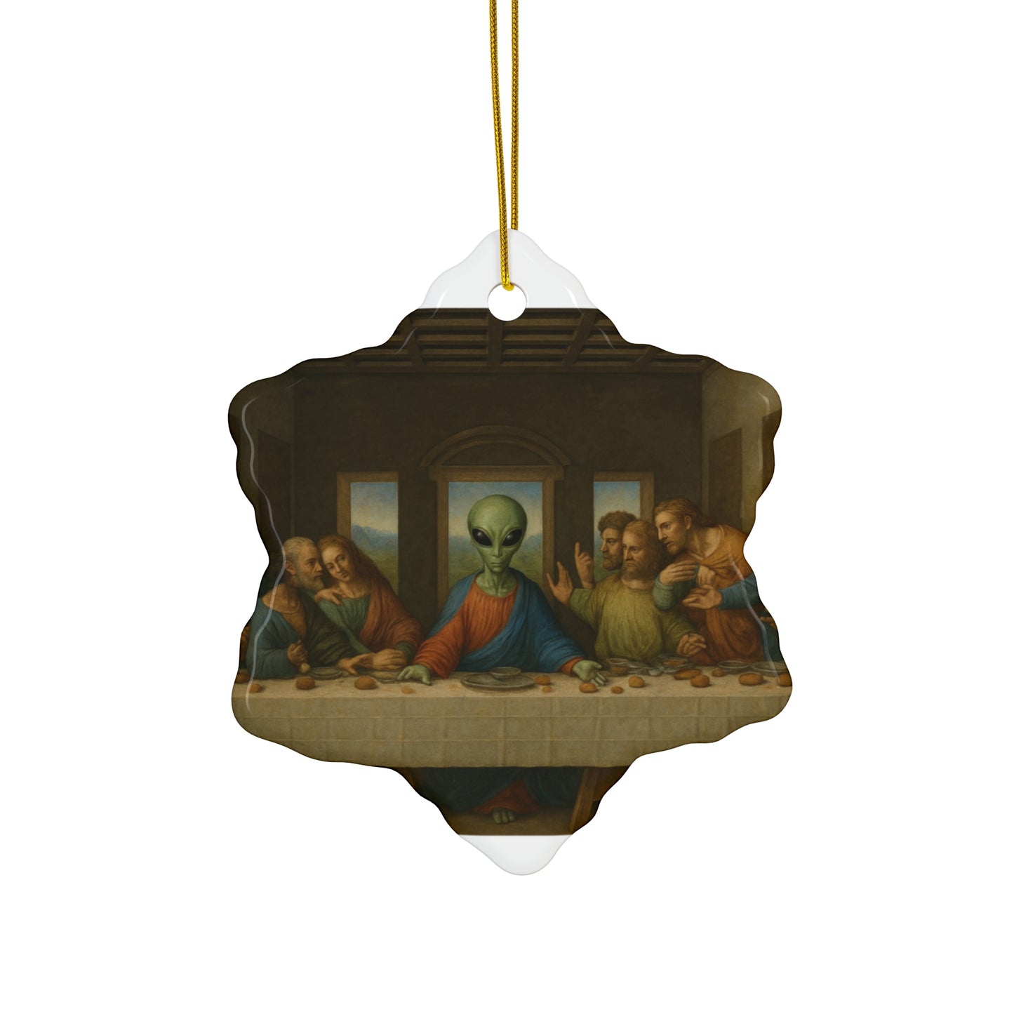 Alien Last Supper Ceramic Star Ornament — Funny UFO Christmas Decoration