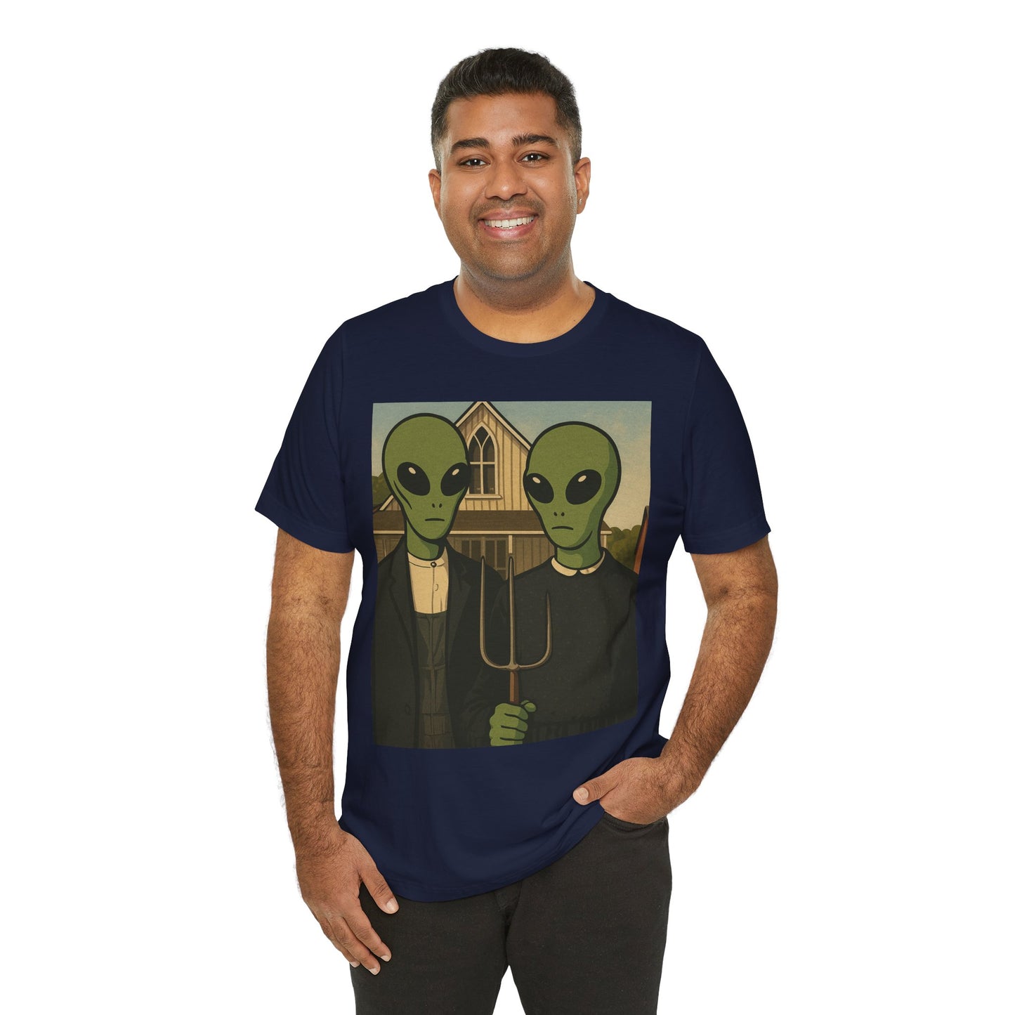 Alien Gothic Farmhouse T‑Shirt — Retro Green Alien American Gothic Tee