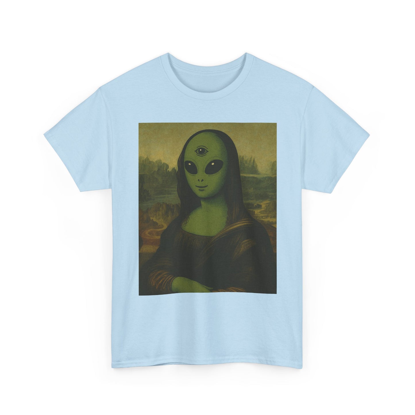 Alien Mona Lisa T-Shirt – Green 3‑Eyed Portrait Graphic Tee