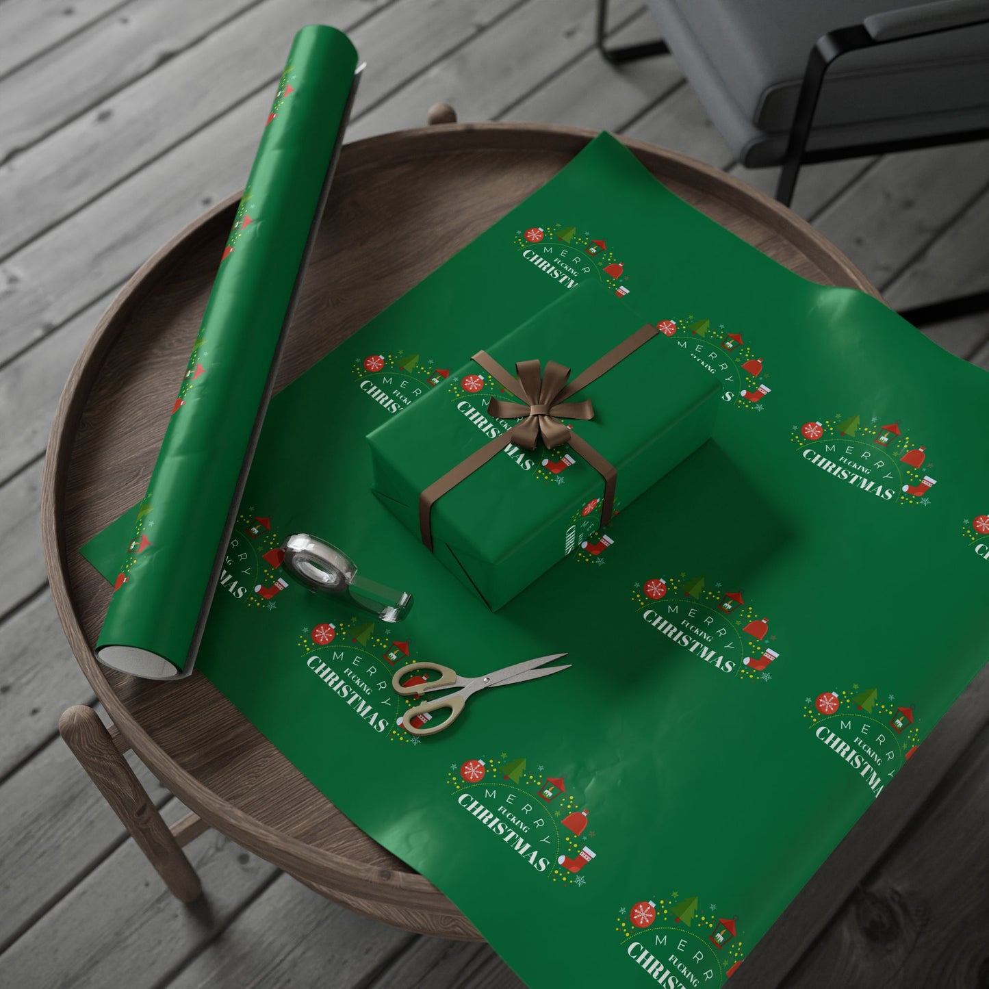 " Merry Fucking Christmas" Green Solid Wrapping Paper Roll — Classic Gift Wrap for Holidays & Everyday