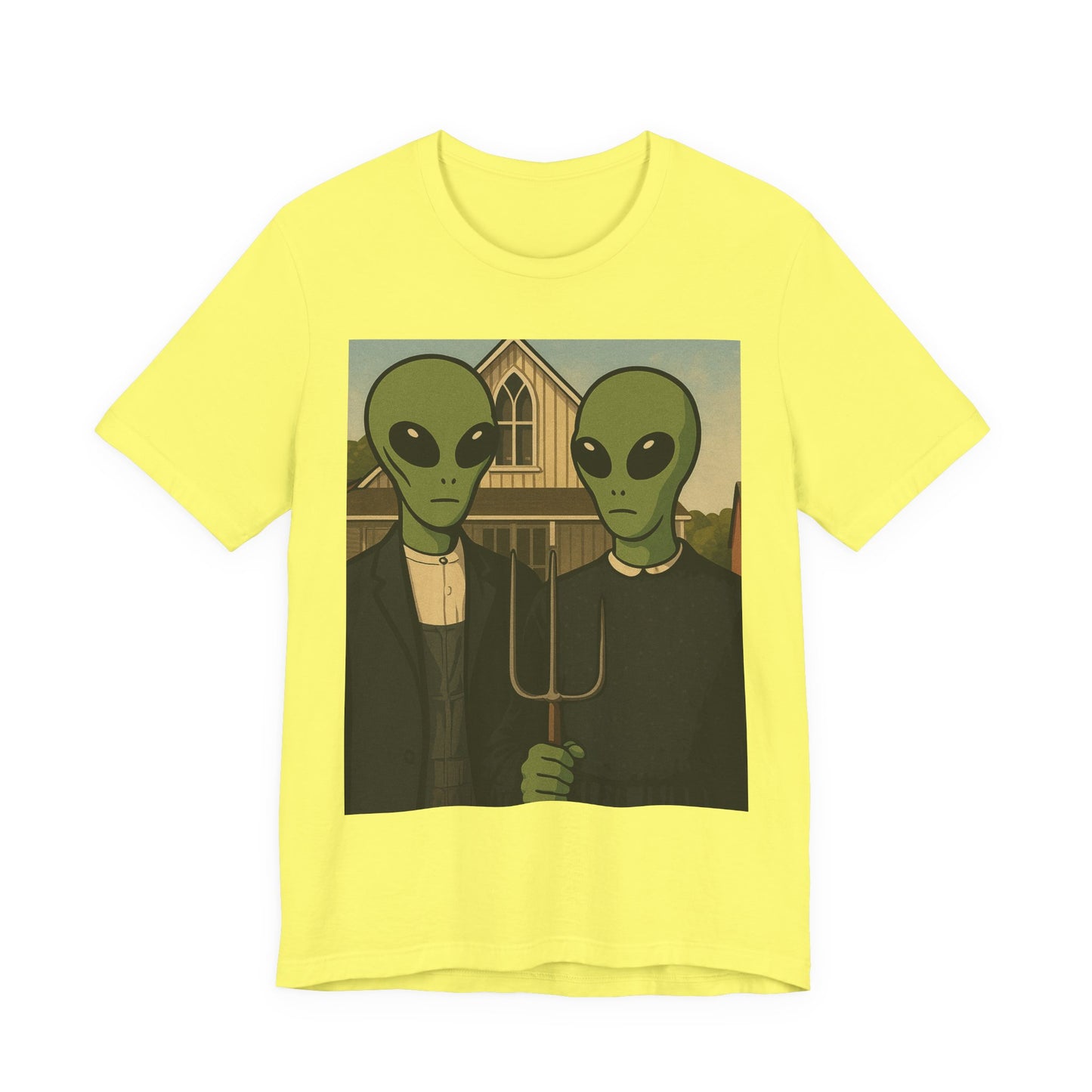 Alien Gothic Farmhouse T‑Shirt — Retro Green Alien American Gothic Tee
