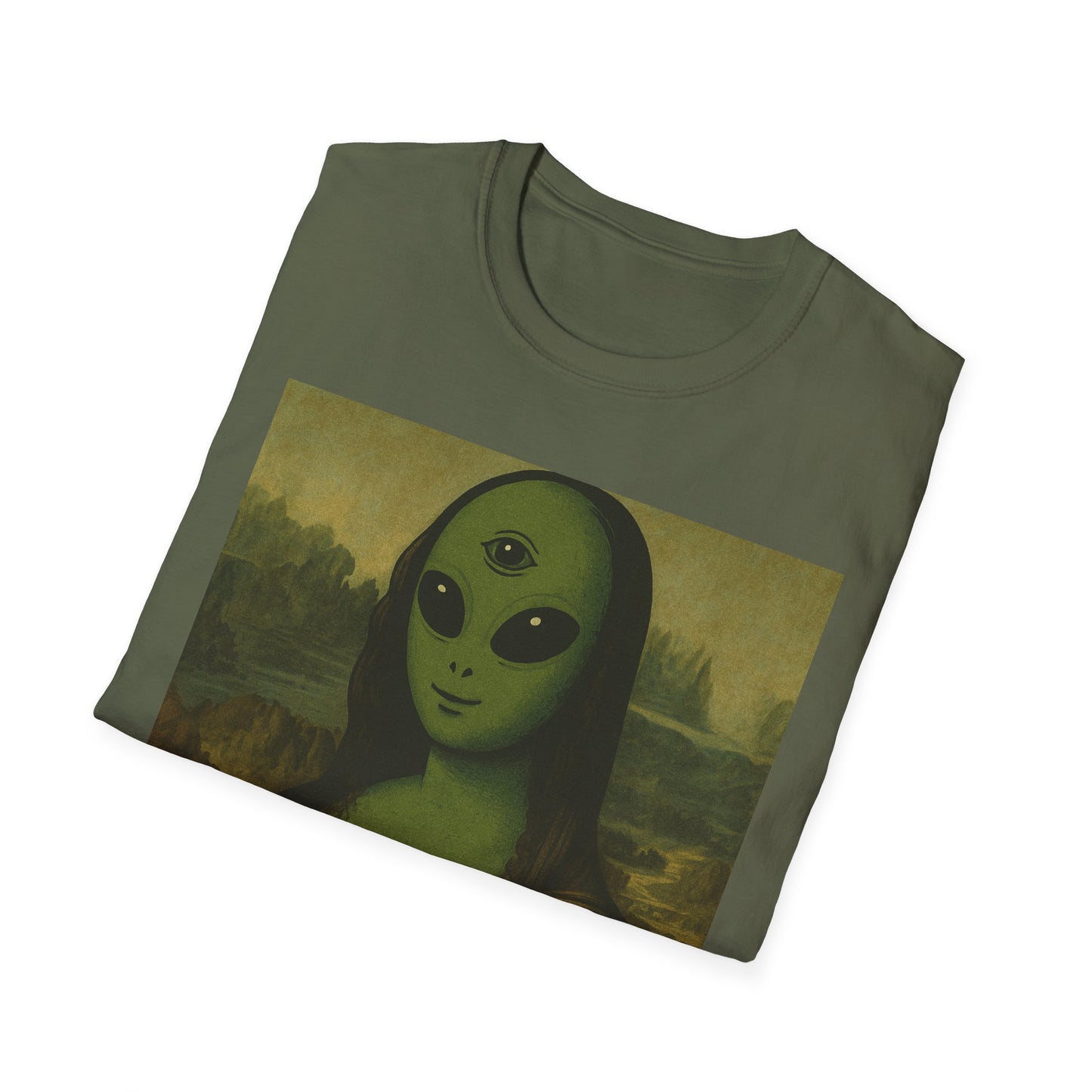 Alien Mona Lisa T-Shirt — Retro Green UFO Art Tee