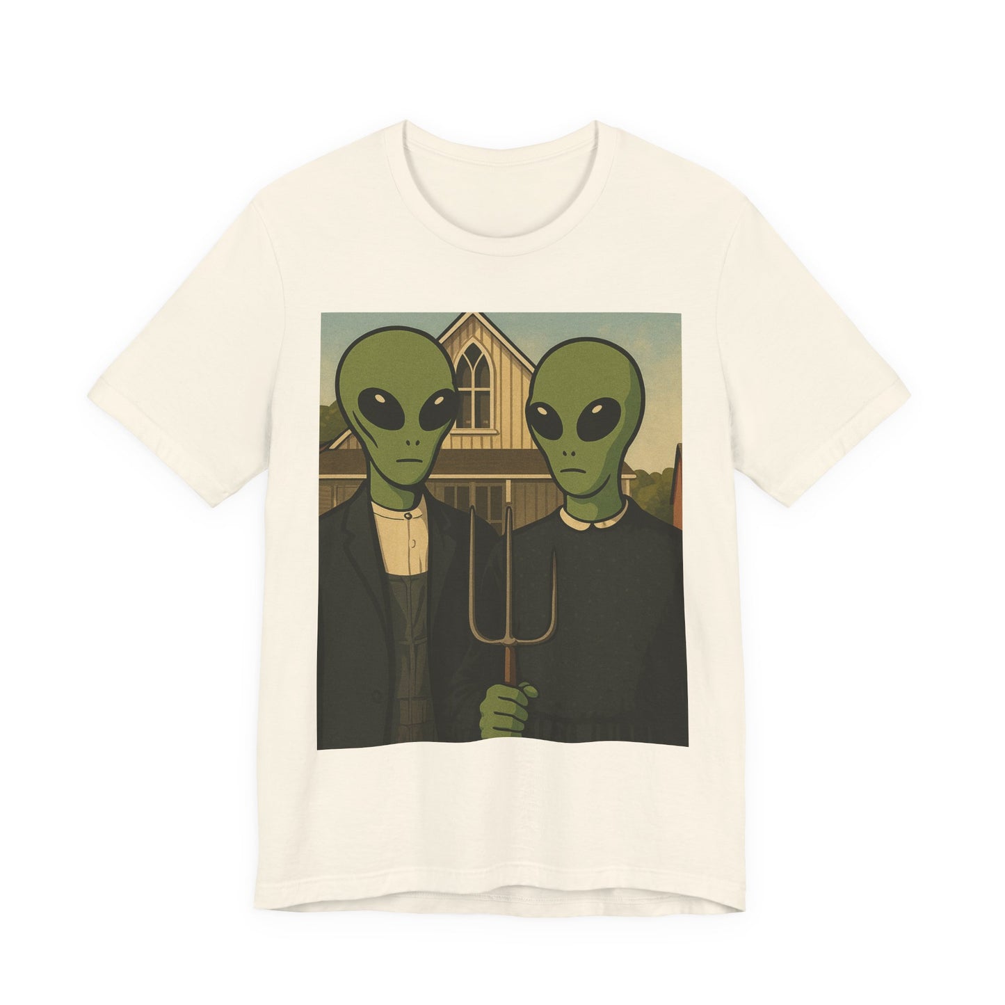 Alien Gothic Farmhouse T‑Shirt — Retro Green Alien American Gothic Tee