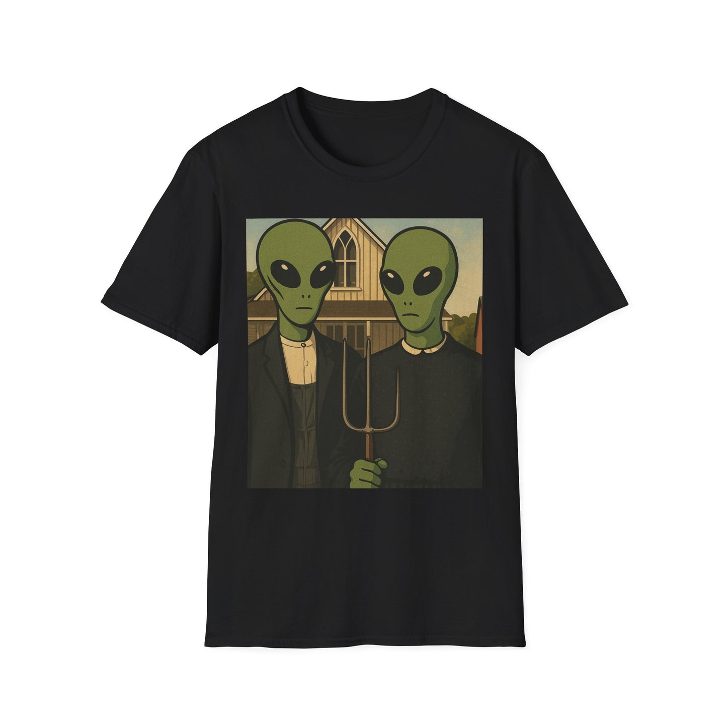 Alien American Gothic T-Shirt — Funny Retro Sci‑Fi Art Tee