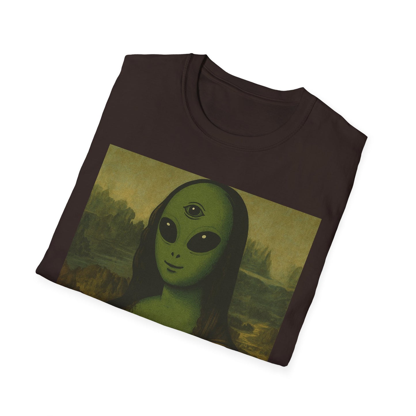 Alien Mona Lisa T-Shirt — Retro Green UFO Art Tee