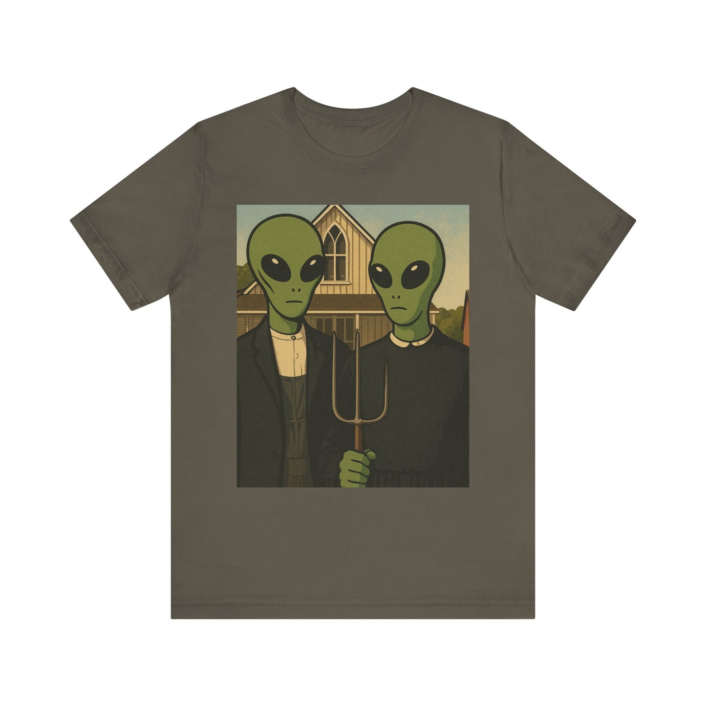 Alien Gothic Farmhouse T‑Shirt — Retro Green Alien American Gothic Tee