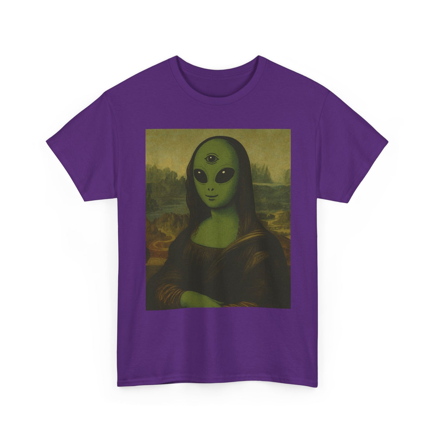 Alien Mona Lisa T-Shirt – Green 3‑Eyed Portrait Graphic Tee