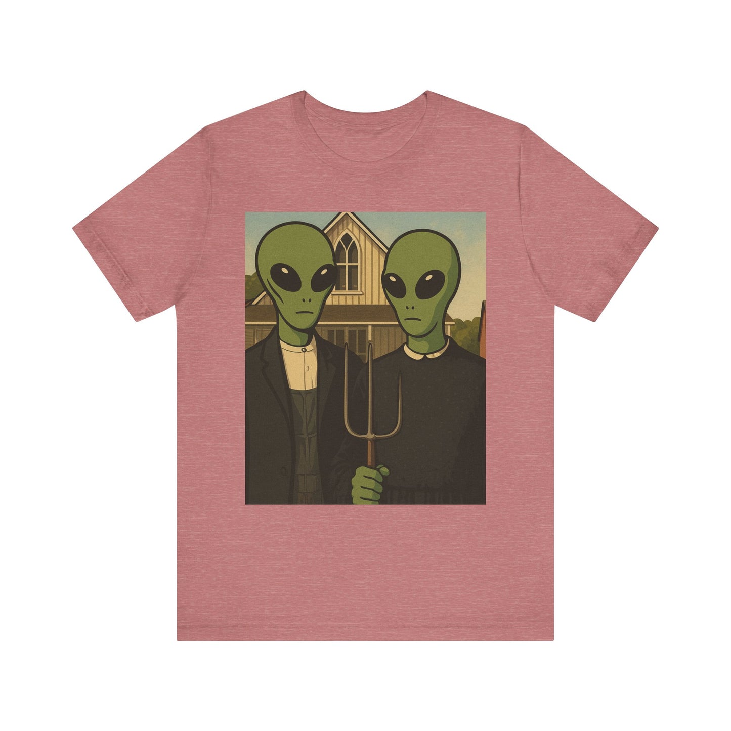 Alien Gothic Farmhouse T‑Shirt — Retro Green Alien American Gothic Tee