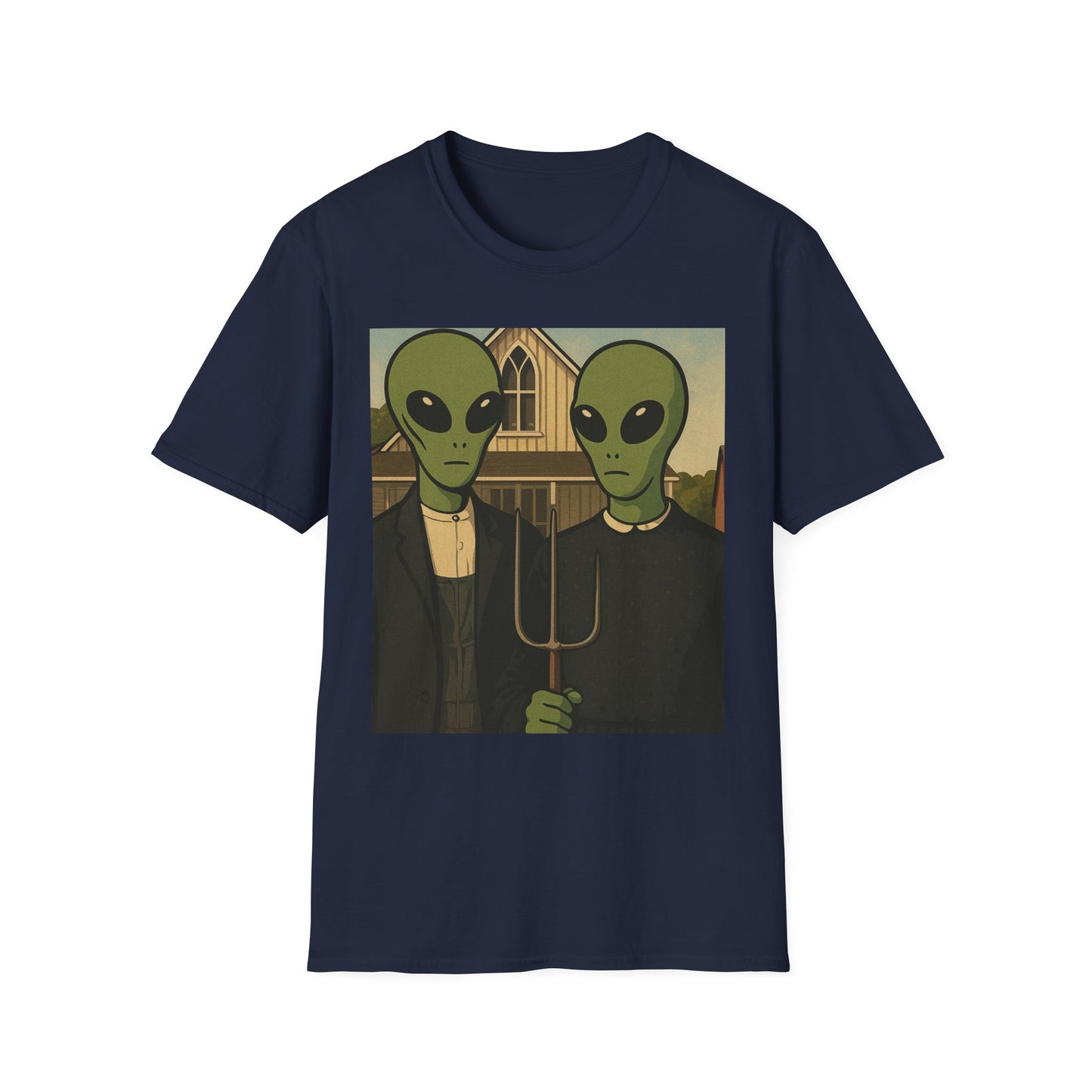 Alien American Gothic T-Shirt — Funny Retro Sci‑Fi Art Tee