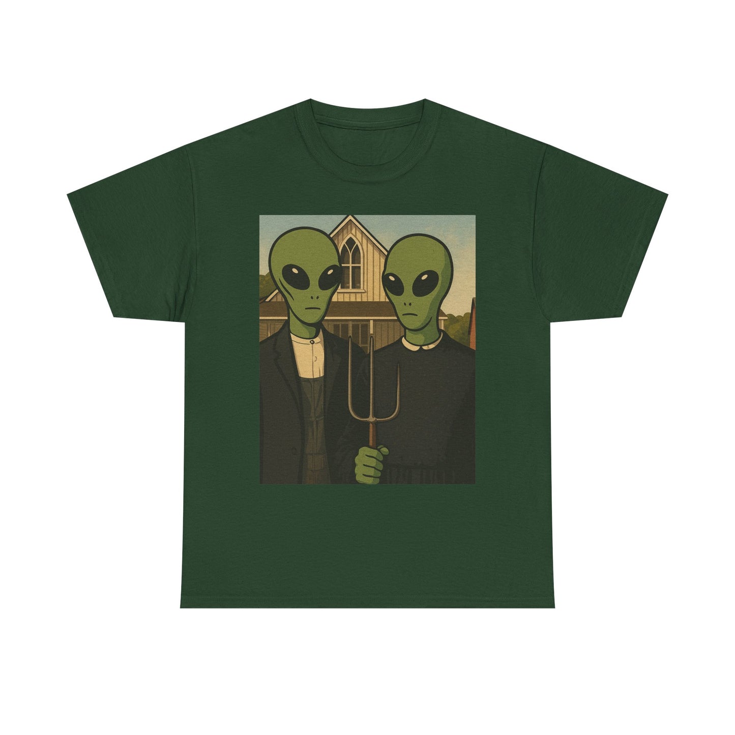 Alien American Gothic T-Shirt — Funny UFO Couple Graphic Tee