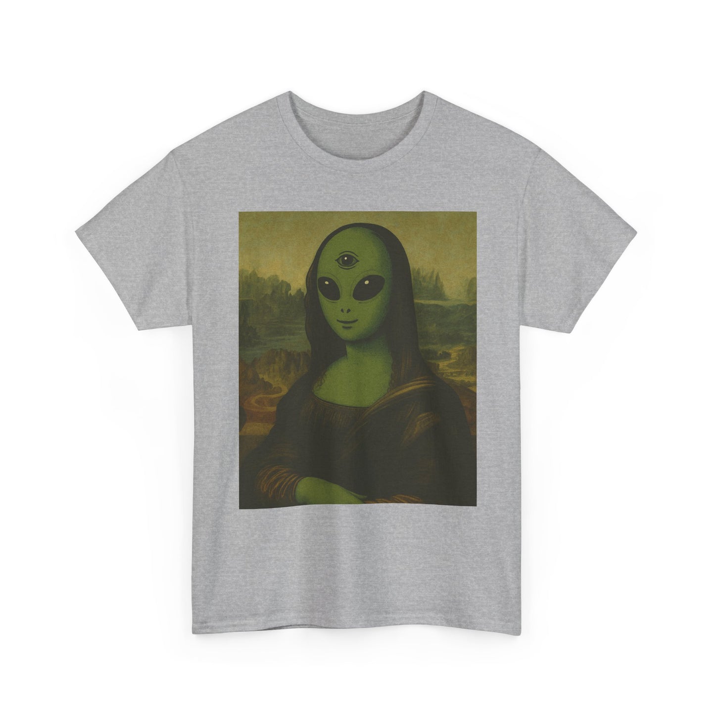 Alien Mona Lisa T-Shirt – Green 3‑Eyed Portrait Graphic Tee