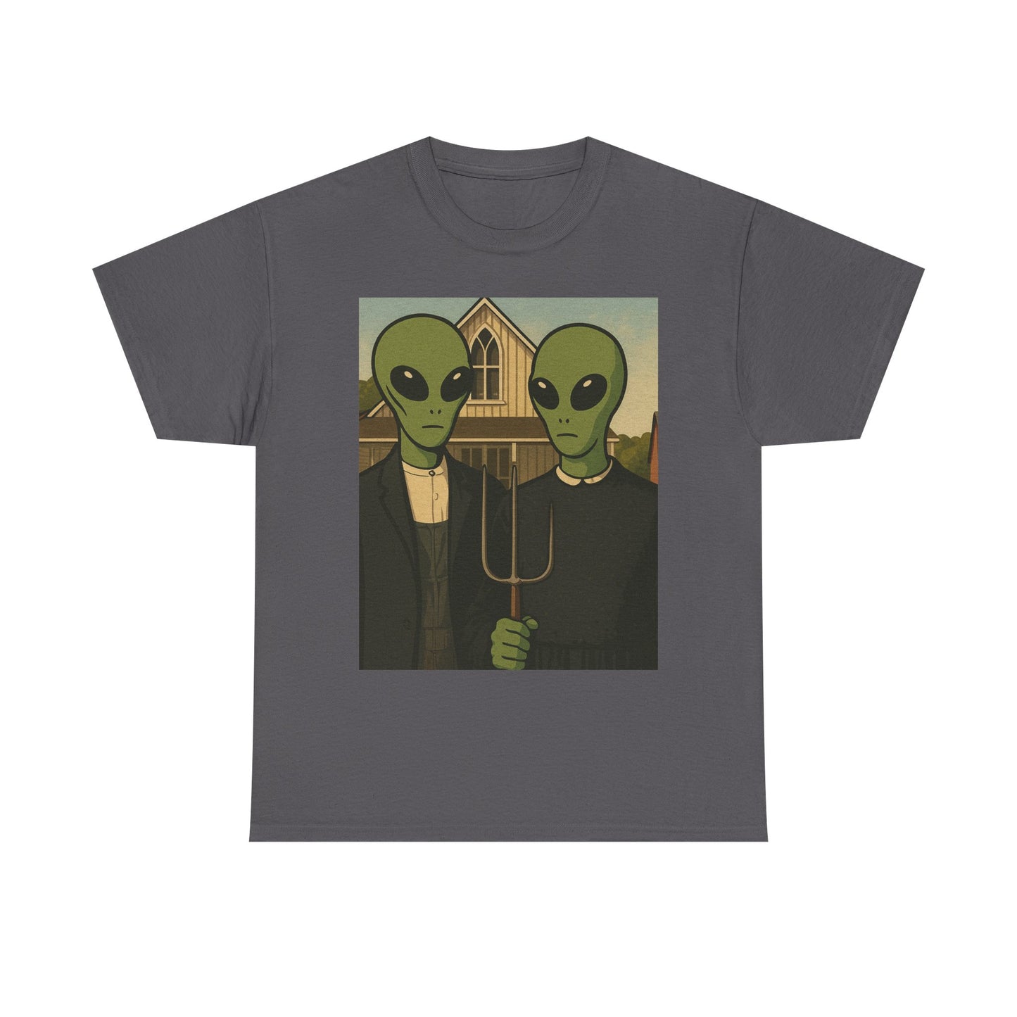 Alien American Gothic T-Shirt — Funny UFO Couple Graphic Tee