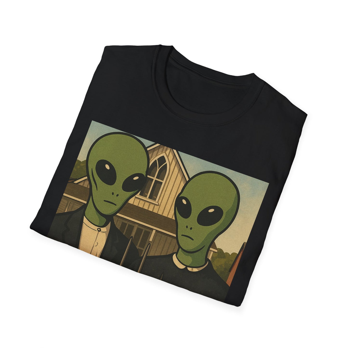 Alien American Gothic T-Shirt — Funny Retro Sci‑Fi Art Tee