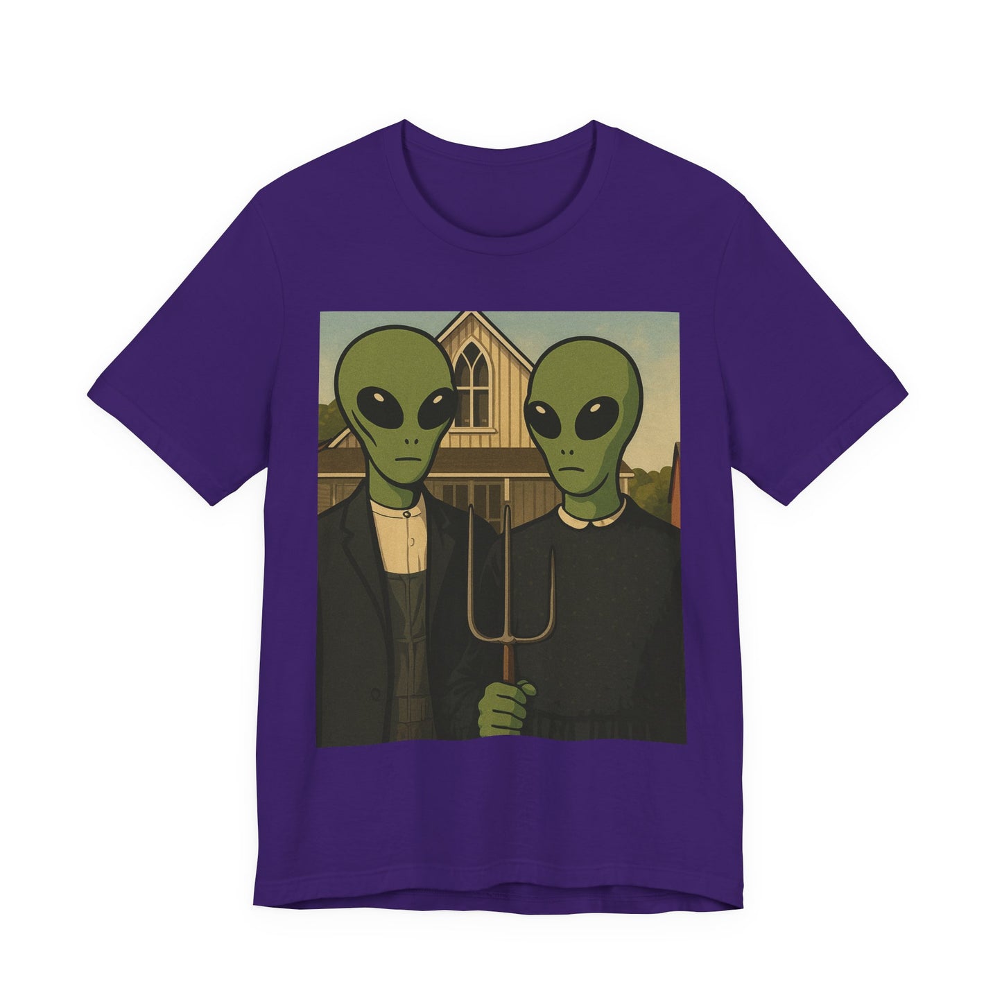 Alien Gothic Farmhouse T‑Shirt — Retro Green Alien American Gothic Tee
