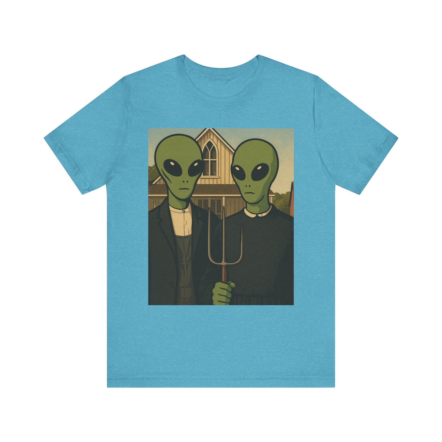 Alien Gothic Farmhouse T‑Shirt — Retro Green Alien American Gothic Tee