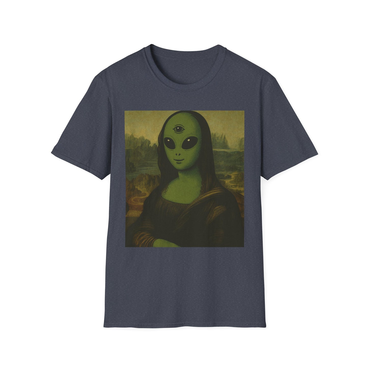Alien Mona Lisa T-Shirt — Retro Green UFO Art Tee