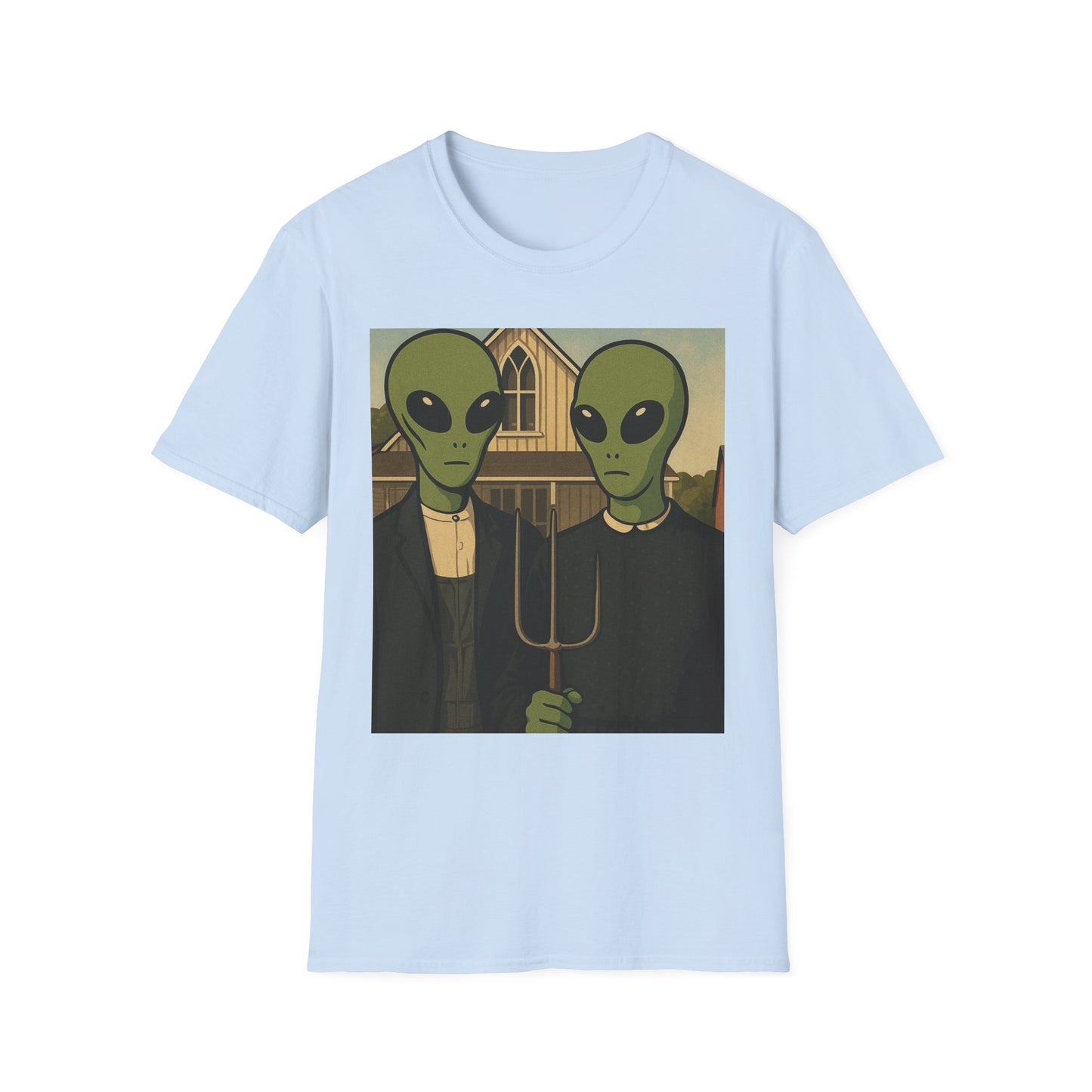 Alien American Gothic T-Shirt — Funny Retro Sci‑Fi Art Tee