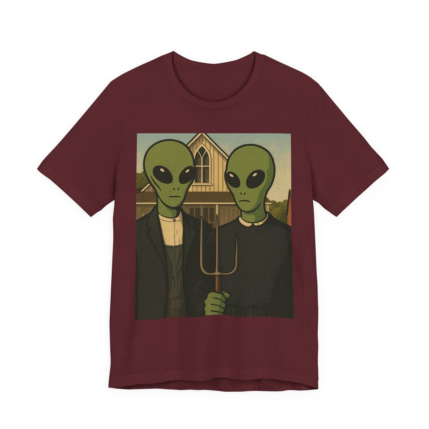 Alien Gothic Farmhouse T‑Shirt — Retro Green Alien American Gothic Tee