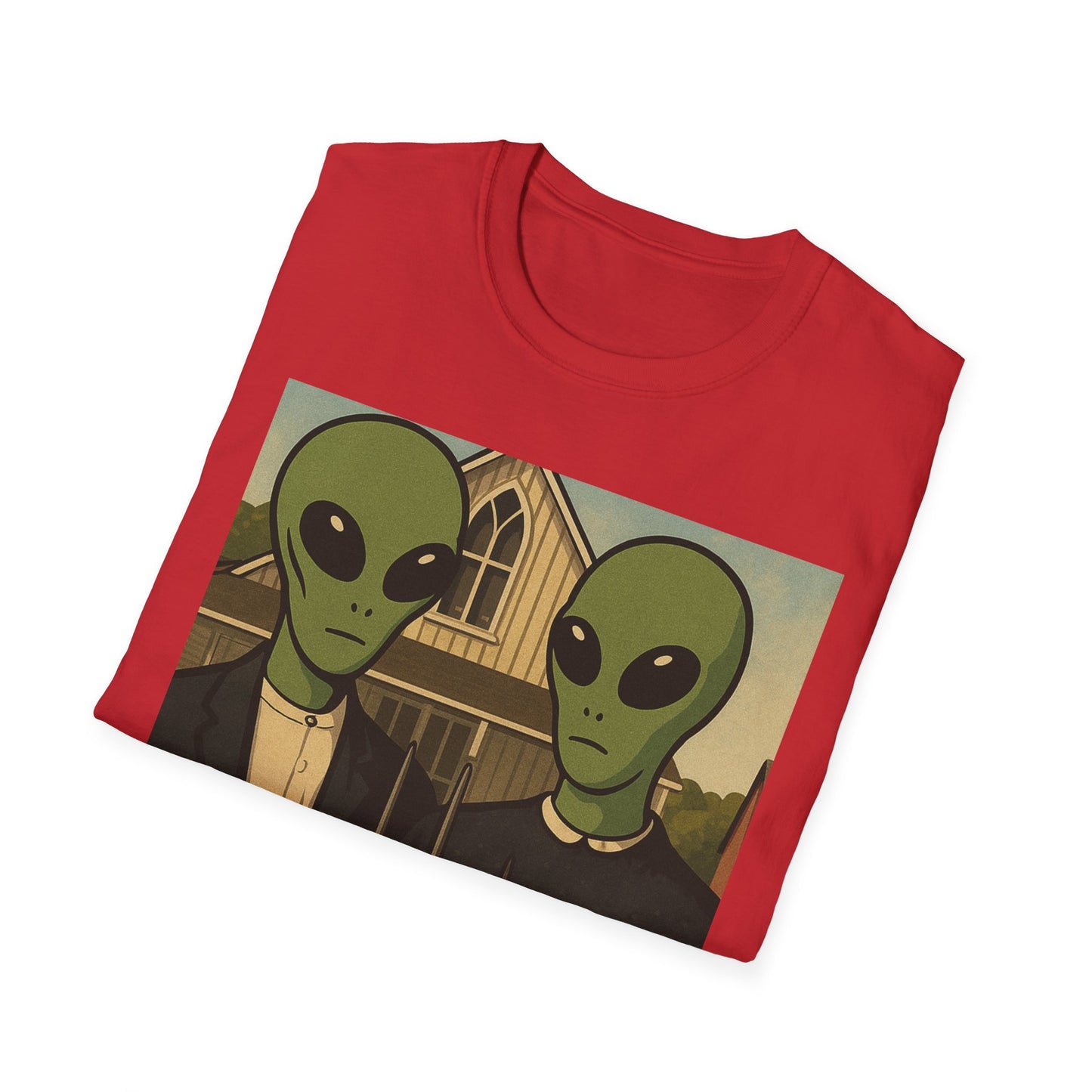 Alien American Gothic T-Shirt — Funny Retro Sci‑Fi Art Tee