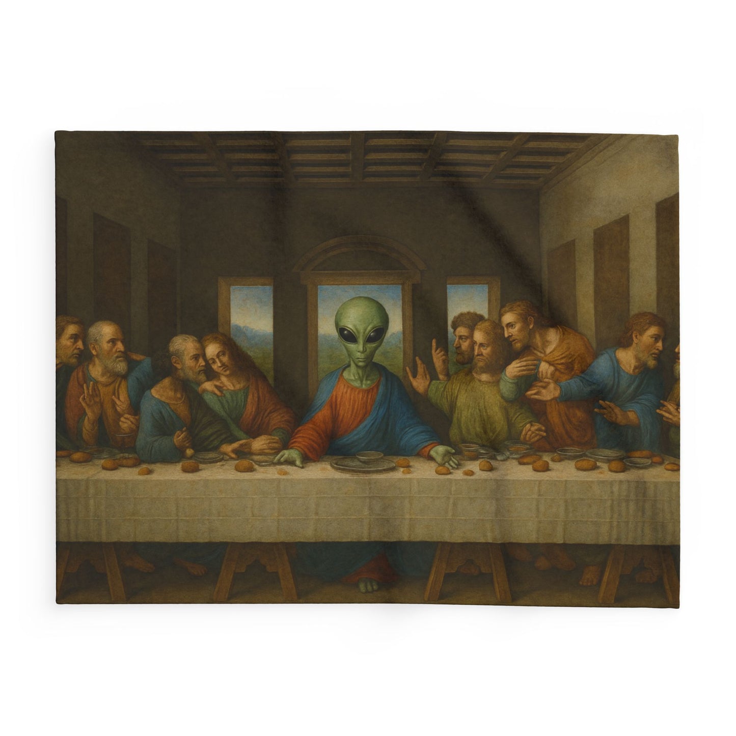Fleece Blanket — 'Alien at the Last Supper' Vintage Art Throw