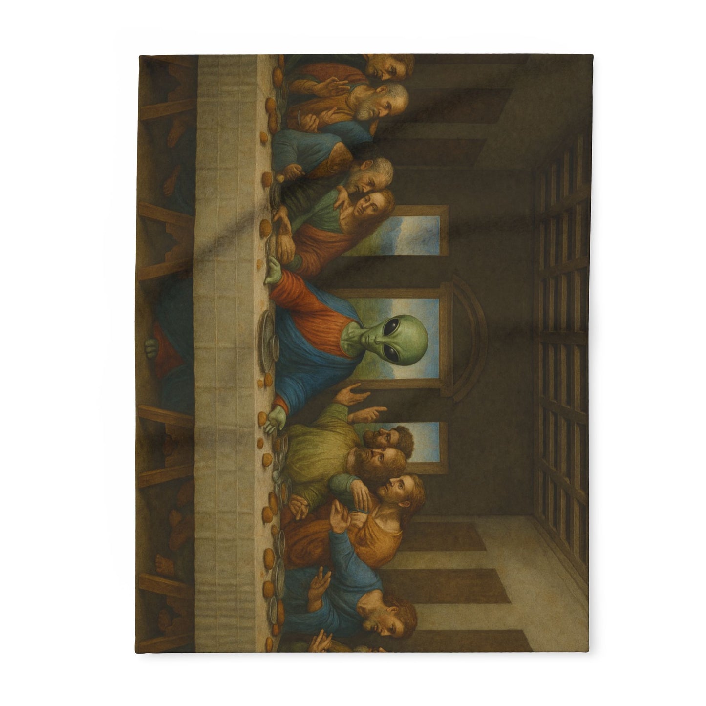 Fleece Blanket — 'Alien at the Last Supper' Vintage Art Throw