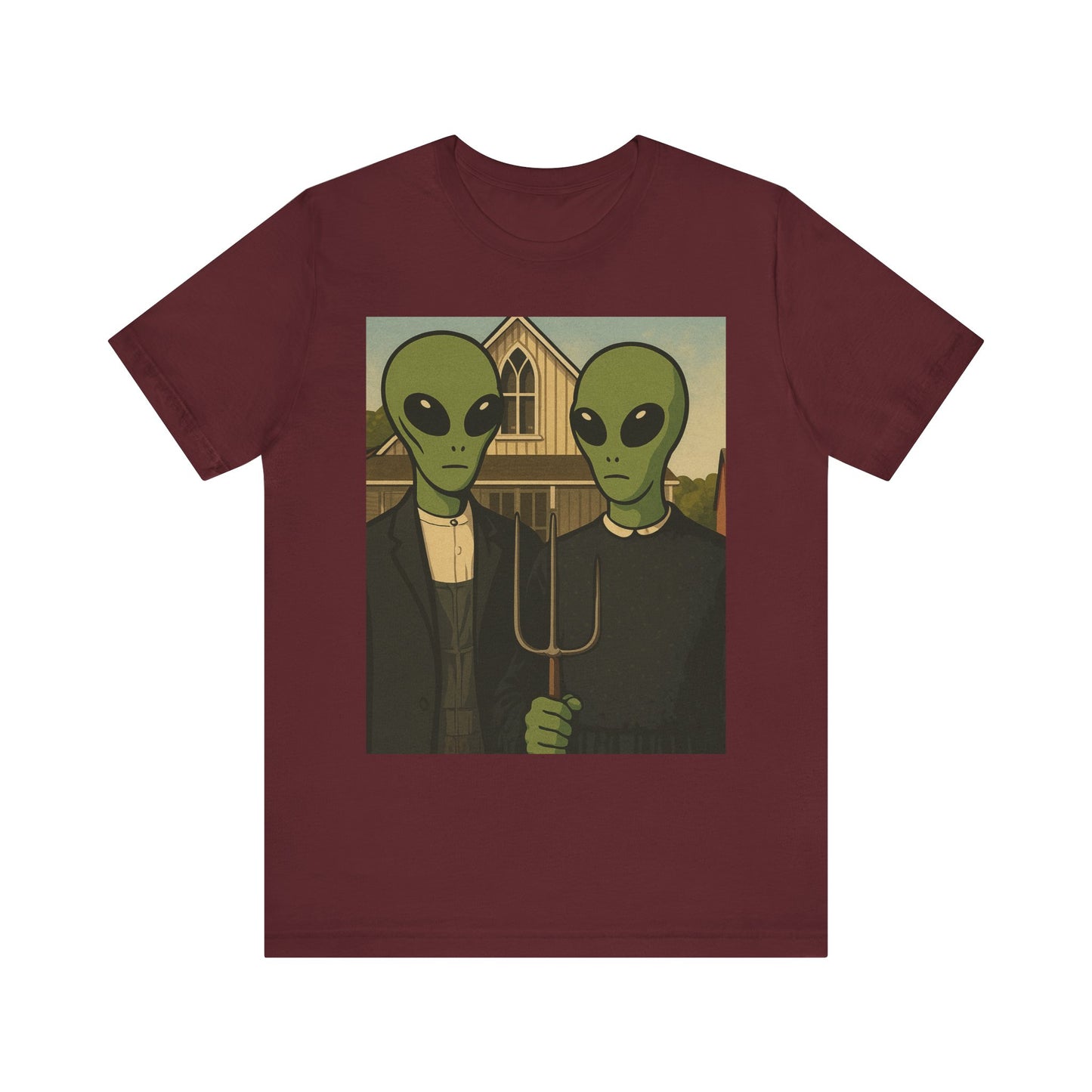 Alien Gothic Farmhouse T‑Shirt — Retro Green Alien American Gothic Tee
