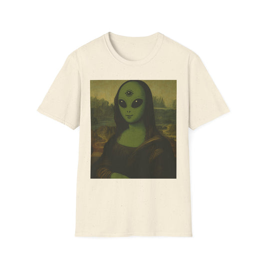 Alien Mona Lisa T-Shirt — Retro Green UFO Art Tee
