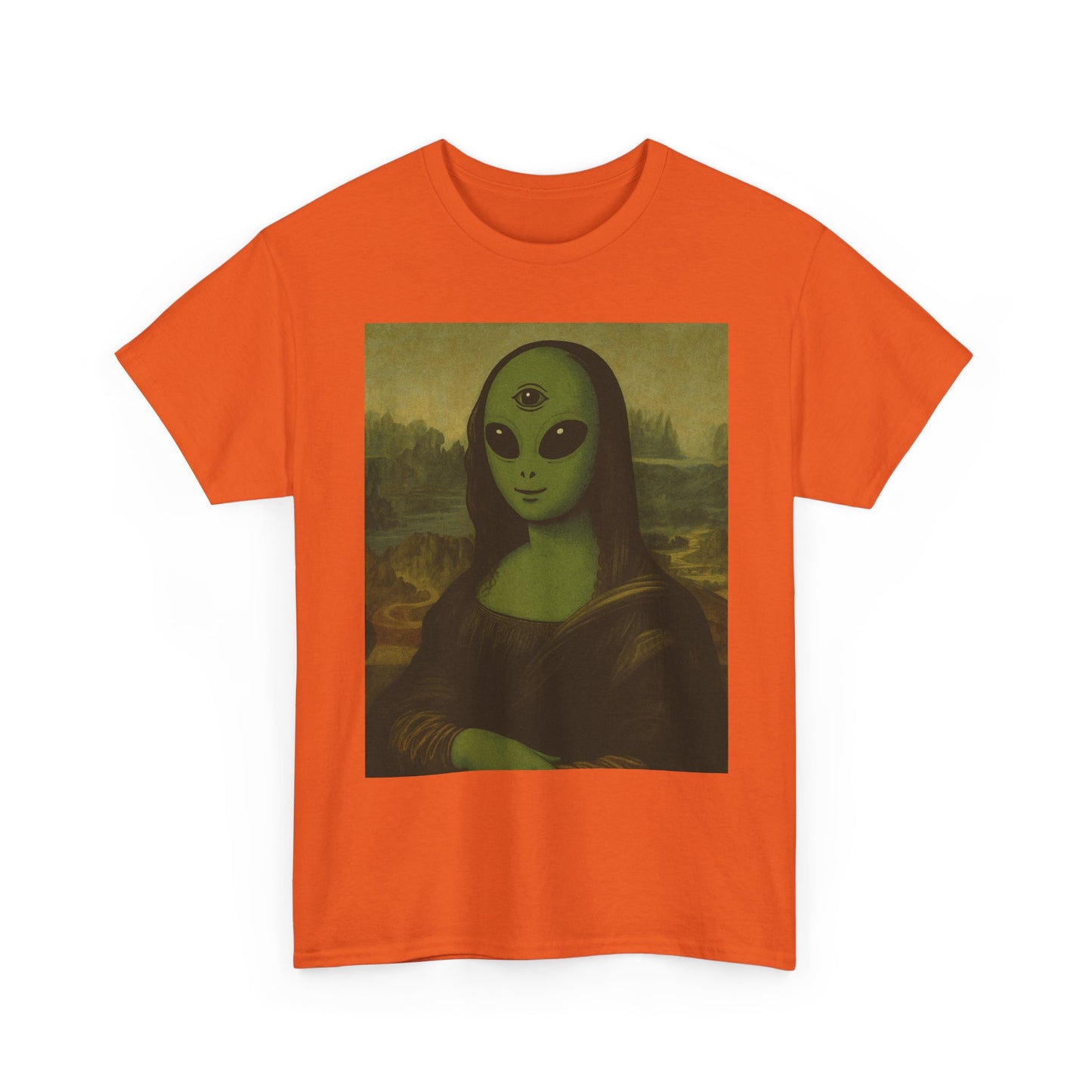 Alien Mona Lisa T-Shirt – Green 3‑Eyed Portrait Graphic Tee