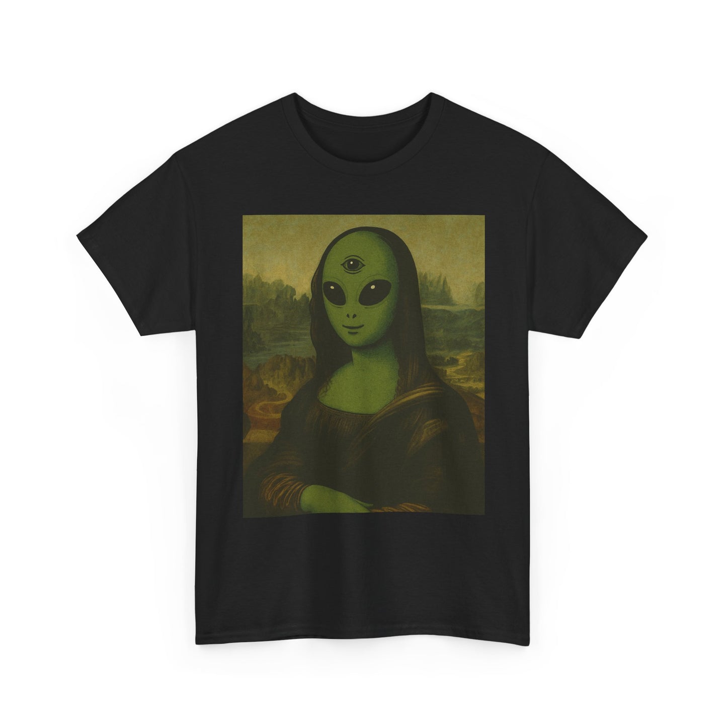 Alien Mona Lisa T-Shirt – Green 3‑Eyed Portrait Graphic Tee