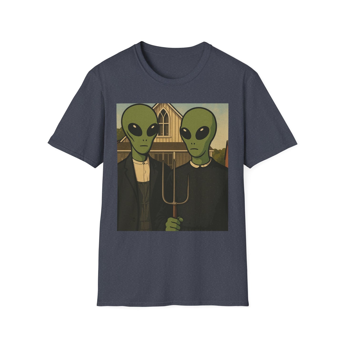 Alien American Gothic T-Shirt — Funny Retro Sci‑Fi Art Tee