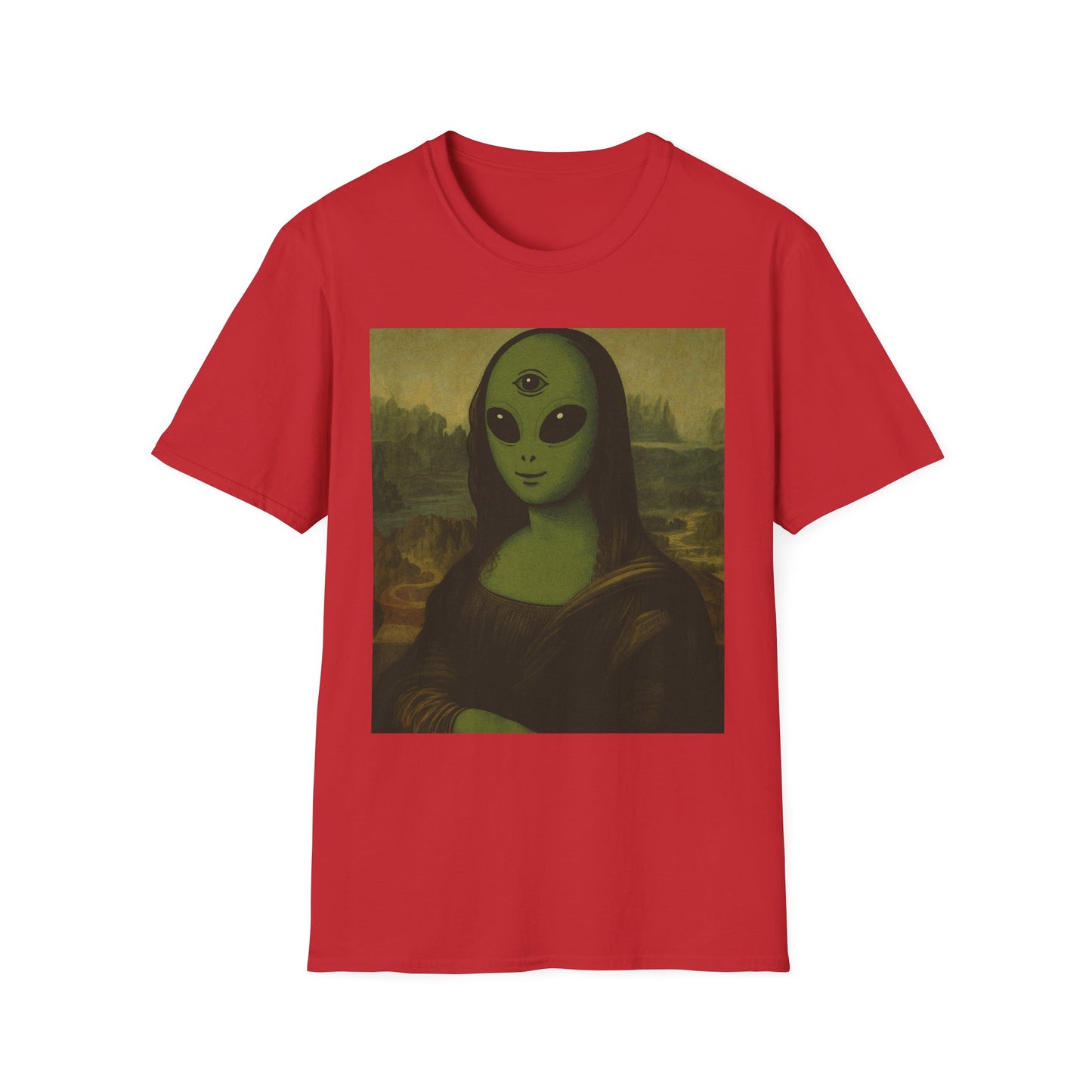 Alien Mona Lisa T-Shirt — Retro Green UFO Art Tee