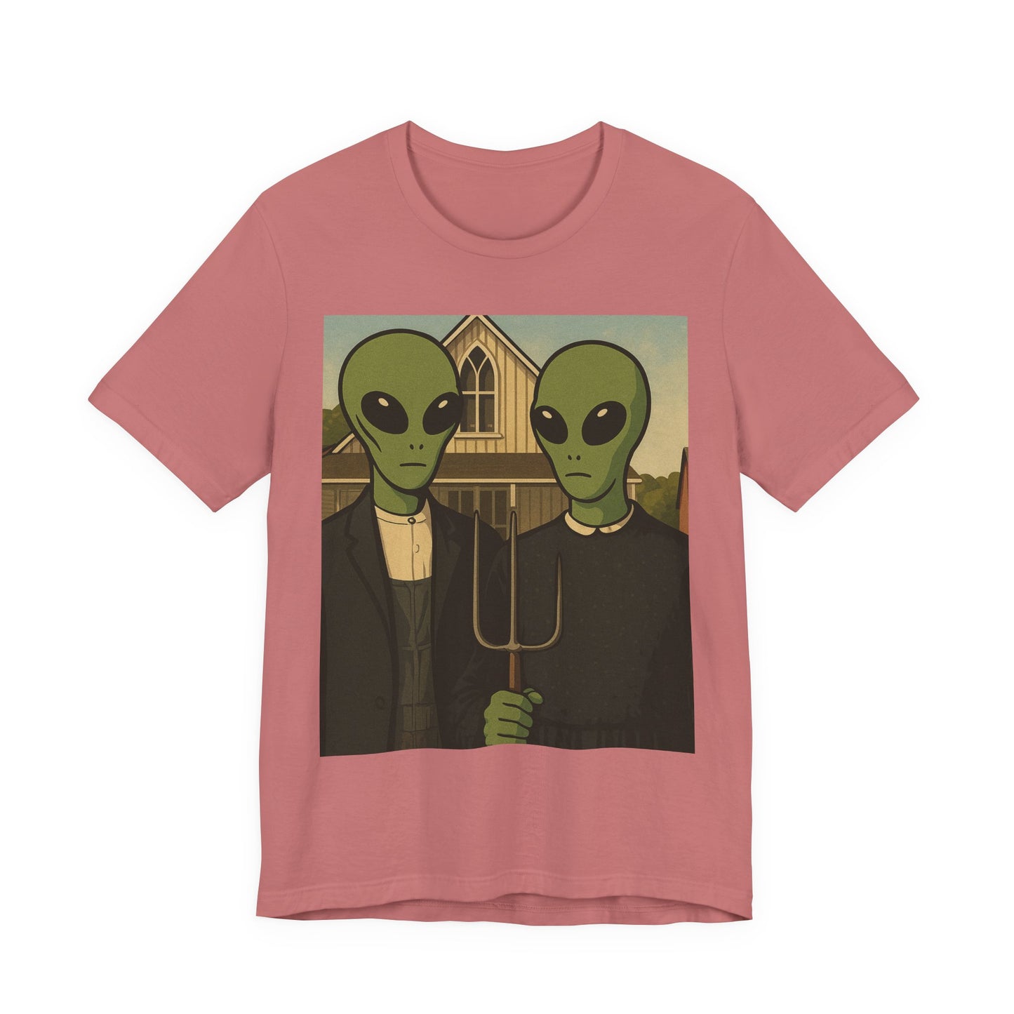 Alien Gothic Farmhouse T‑Shirt — Retro Green Alien American Gothic Tee