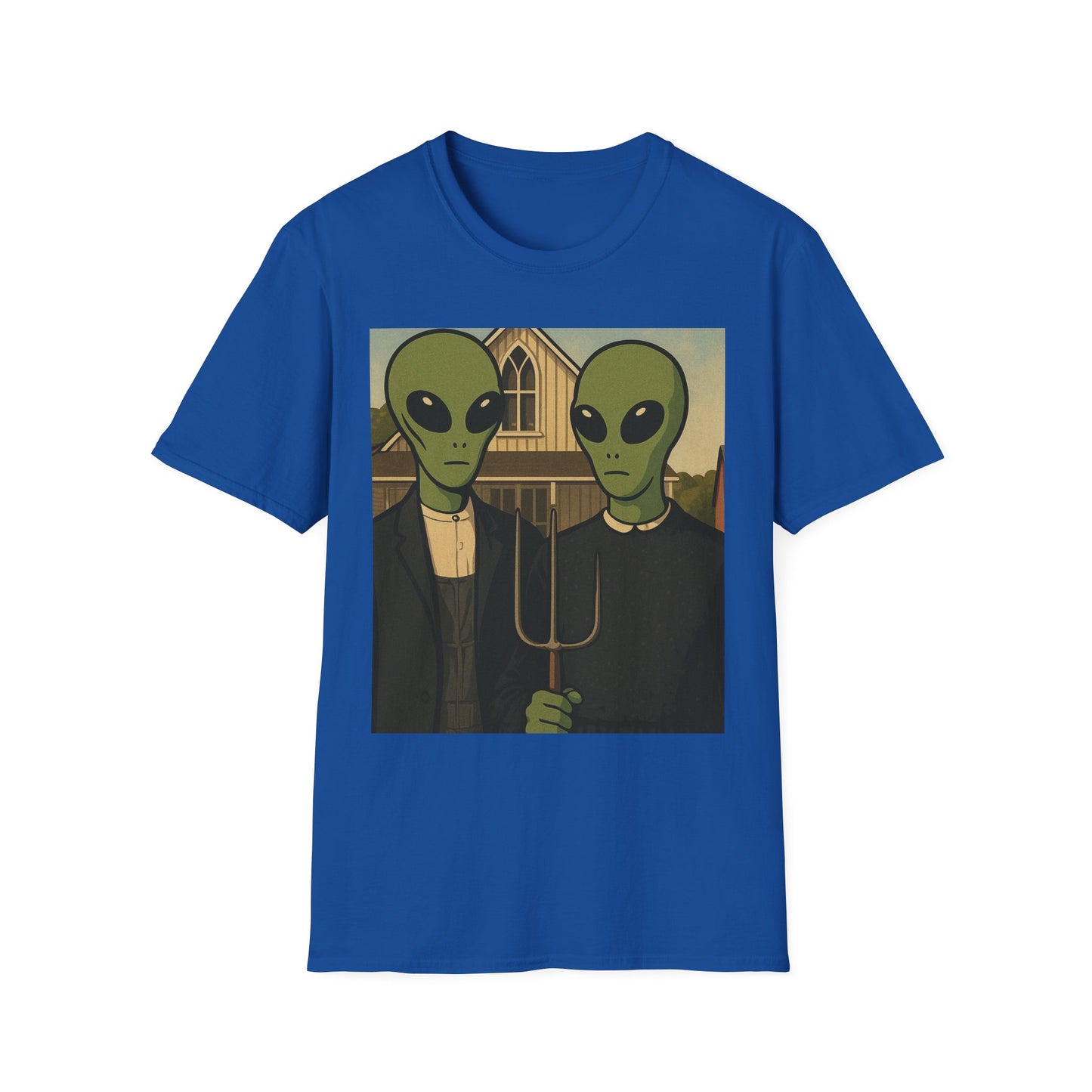 Alien American Gothic T-Shirt — Funny Retro Sci‑Fi Art Tee