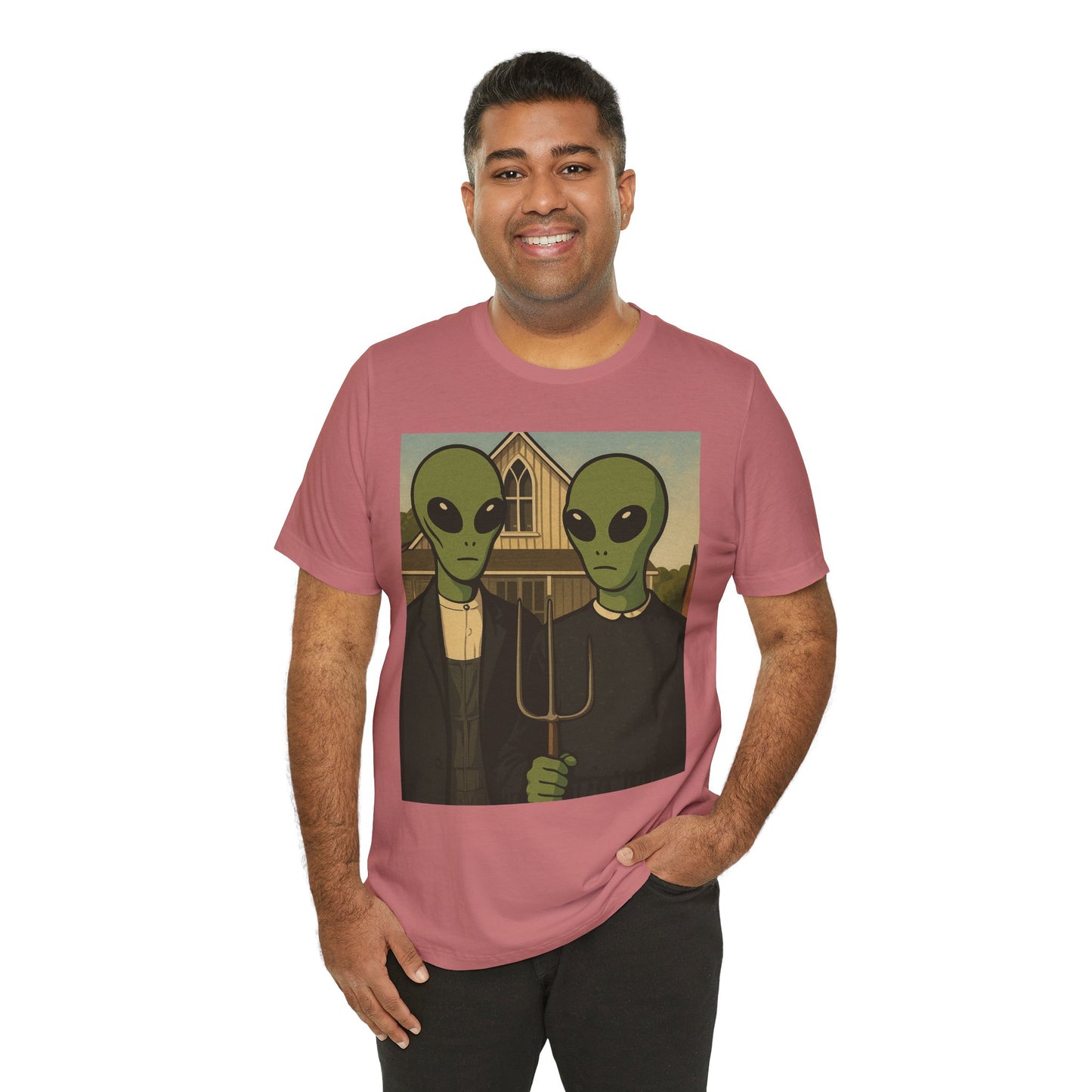 Alien Gothic Farmhouse T‑Shirt — Retro Green Alien American Gothic Tee