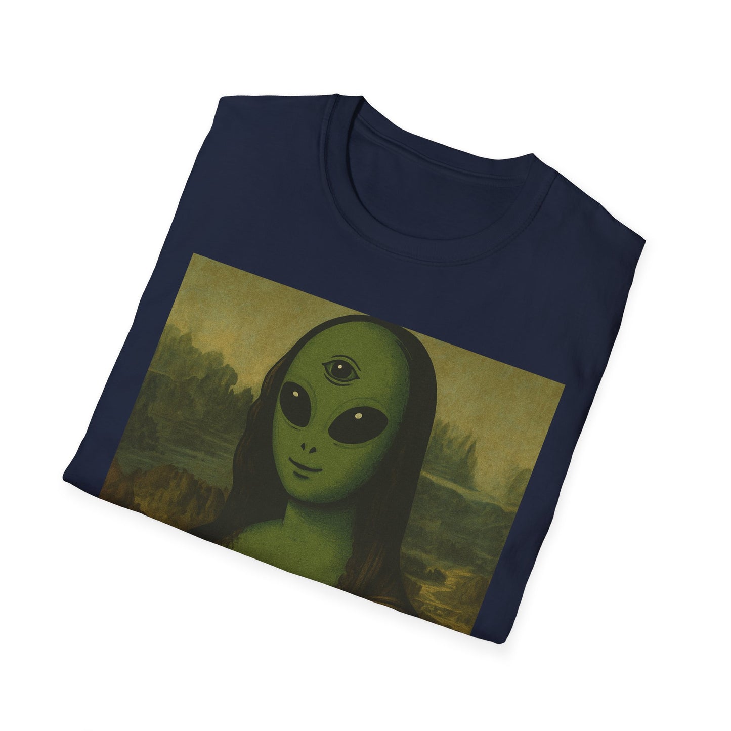 Alien Mona Lisa T-Shirt — Retro Green UFO Art Tee
