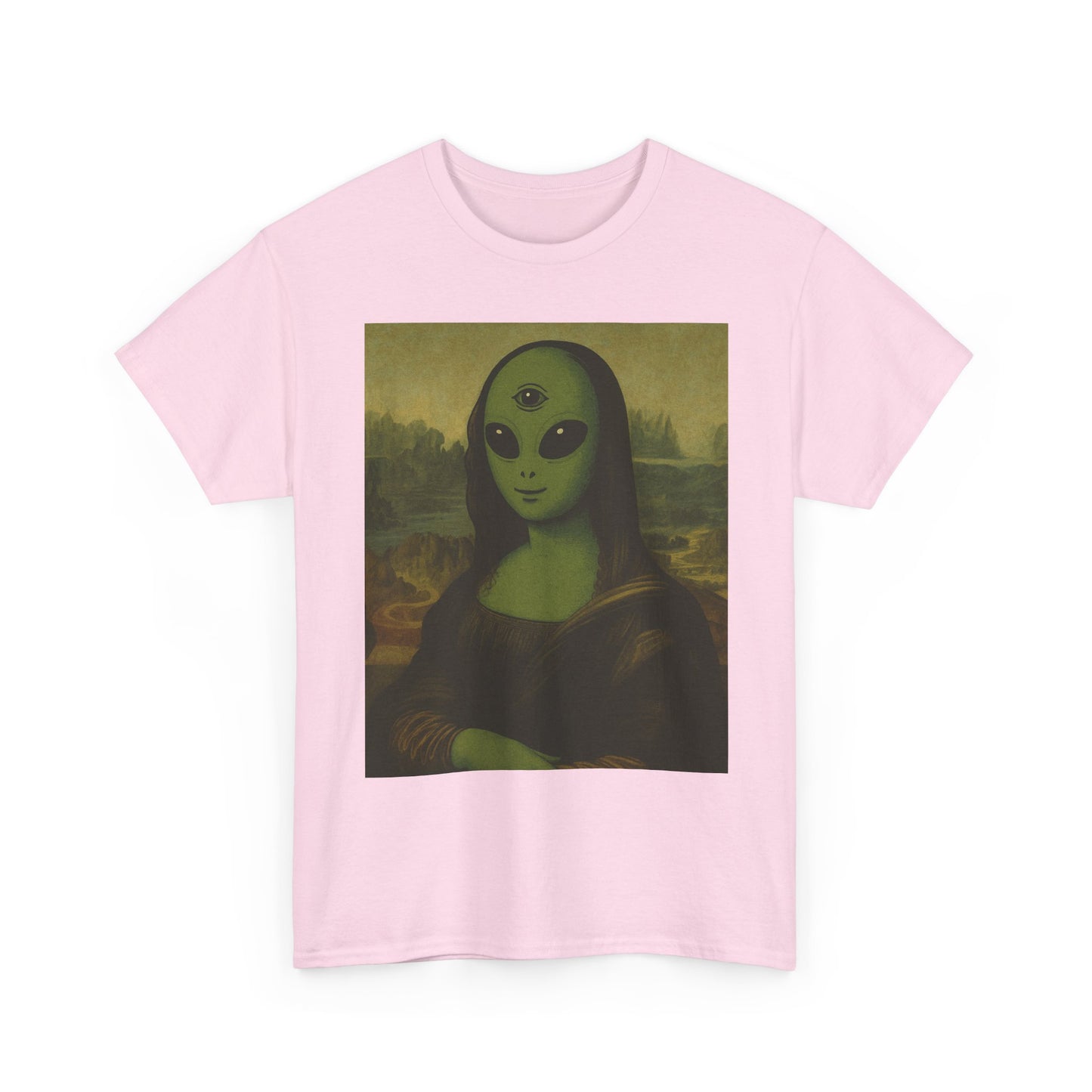 Alien Mona Lisa T-Shirt – Green 3‑Eyed Portrait Graphic Tee