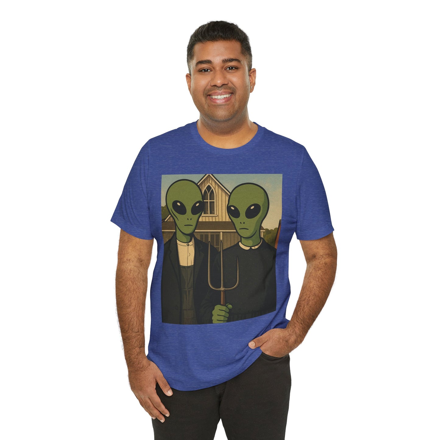 Alien Gothic Farmhouse T‑Shirt — Retro Green Alien American Gothic Tee