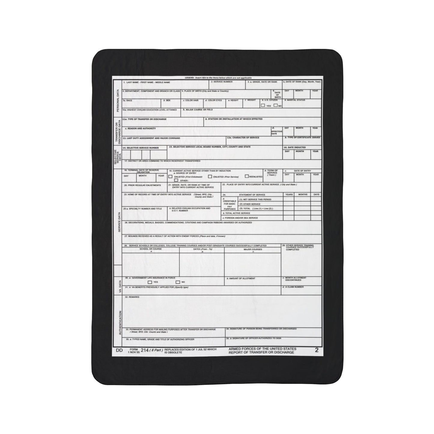 DD214 Fleece Sherpa Blanket — Vintage Form Print Cozy Throw