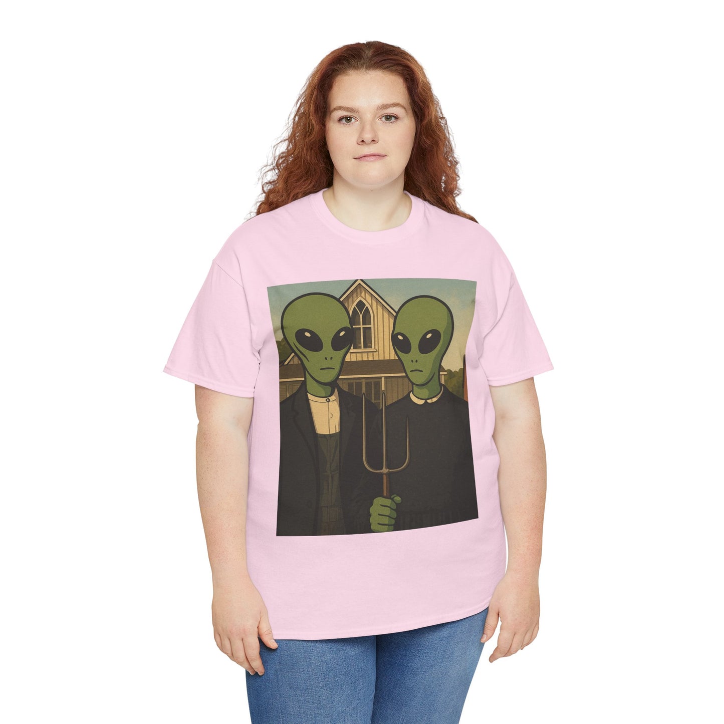 Alien American Gothic T-Shirt — Funny UFO Couple Graphic Tee