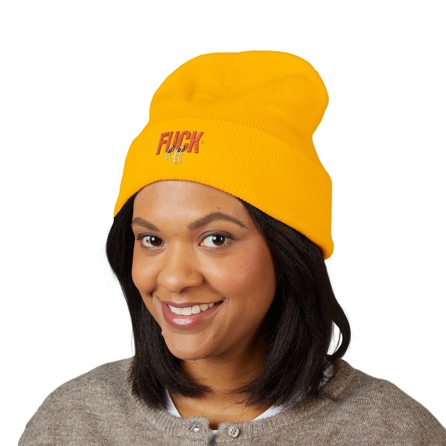 Embroidered 'Fury' Cuffed Beanie – Bold Yellow Knit Hat