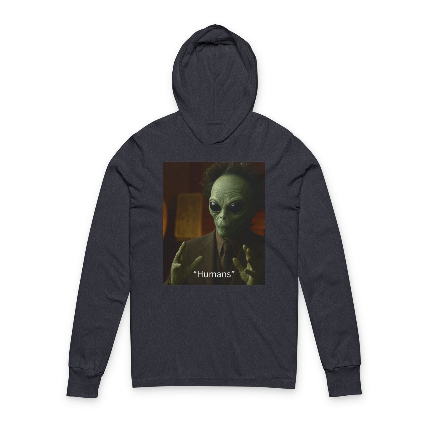 Alien Portrait Hooded Tee — "Humans" Graphic Long Sleeve