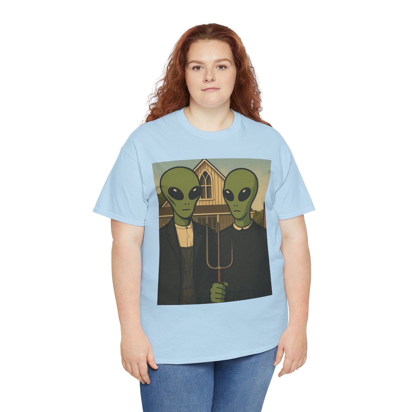 Alien American Gothic T-Shirt — Funny UFO Couple Graphic Tee