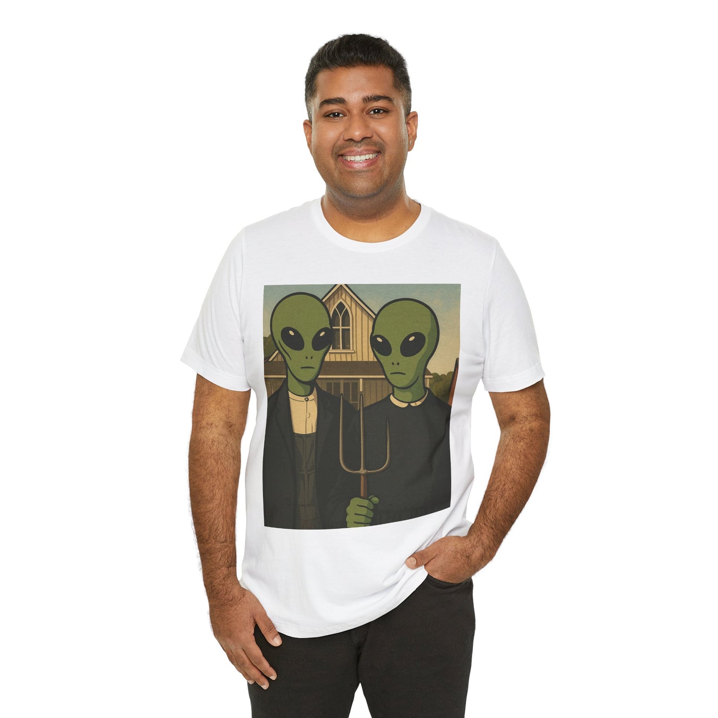 Alien Gothic Farmhouse T‑Shirt — Retro Green Alien American Gothic Tee
